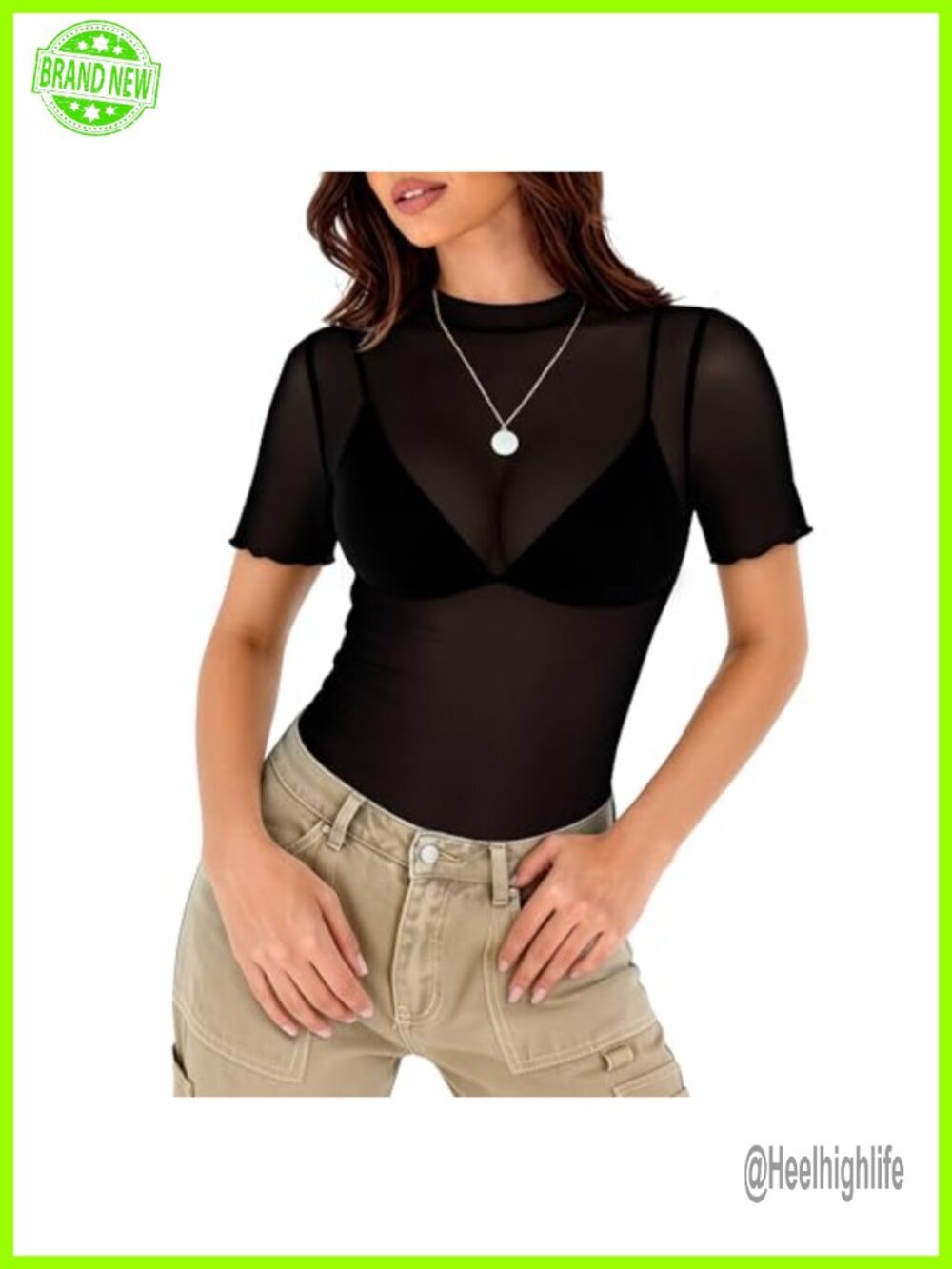 Women's Sheer Mesh T-Shirt Mock Neck Short Sleeve Party Top